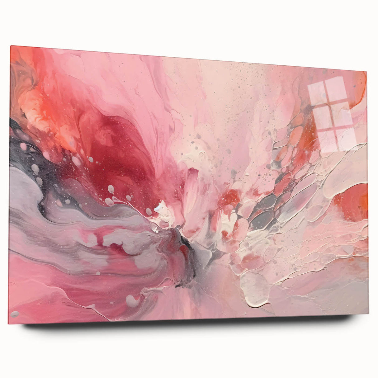 Abstract wall art featuring vibrant strokes in shades of blue, pink, and gold on acrylic glass, showcasing a side view that highlights its modern design and sleek finish. Perfect for contemporary decor, this piece adds a bold statement to any space.