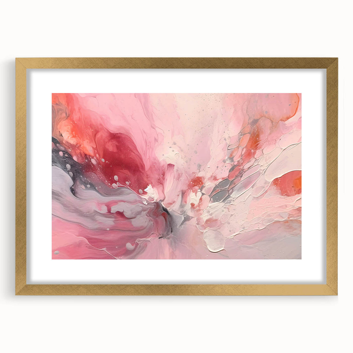 Abstract strokes wall art framed in gold, featuring vibrant colors and dynamic patterns, ideal for modern home decor. The mat adds elegance to the design.