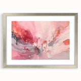 Abstract wall art featuring vibrant strokes in shades of blue, pink, and gold, elegantly framed with a silver mat, perfect for modern home decor. Ideal for enhancing artistic ambiance in living rooms or offices.
