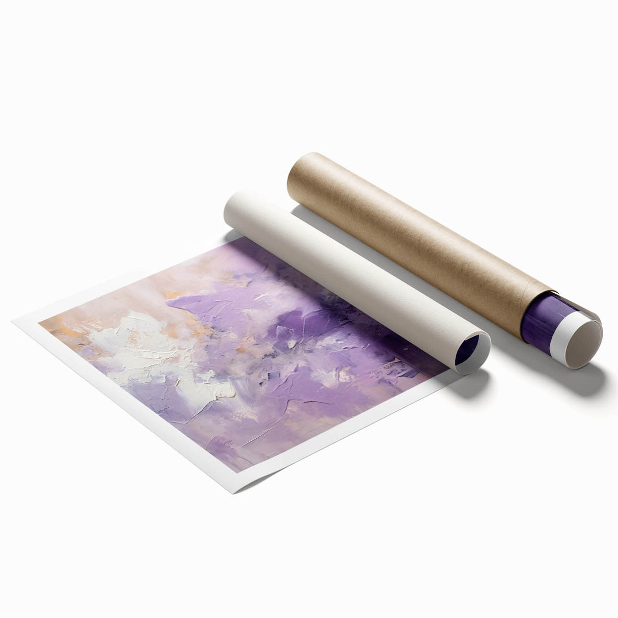 Abstract wall art print showcasing vibrant strokes in shades of blue, gold, and white, perfect for modern home decor, rolled for easy shipping in a protective tube.