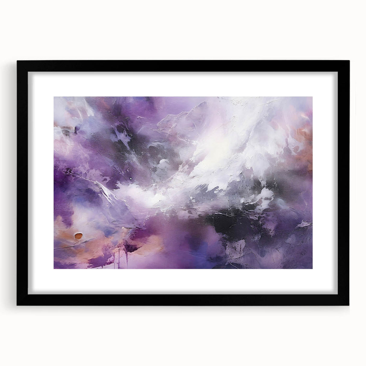 Abstract wall art featuring vibrant strokes in a mix of blue, orange, and black colors, framed with a mat and a sleek black frame, ideal for modern decor.