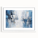 Abstract strokes wall art framed in white with a mat, showcasing vibrant colors and dynamic patterns, ideal for modern home decor or office spaces.
