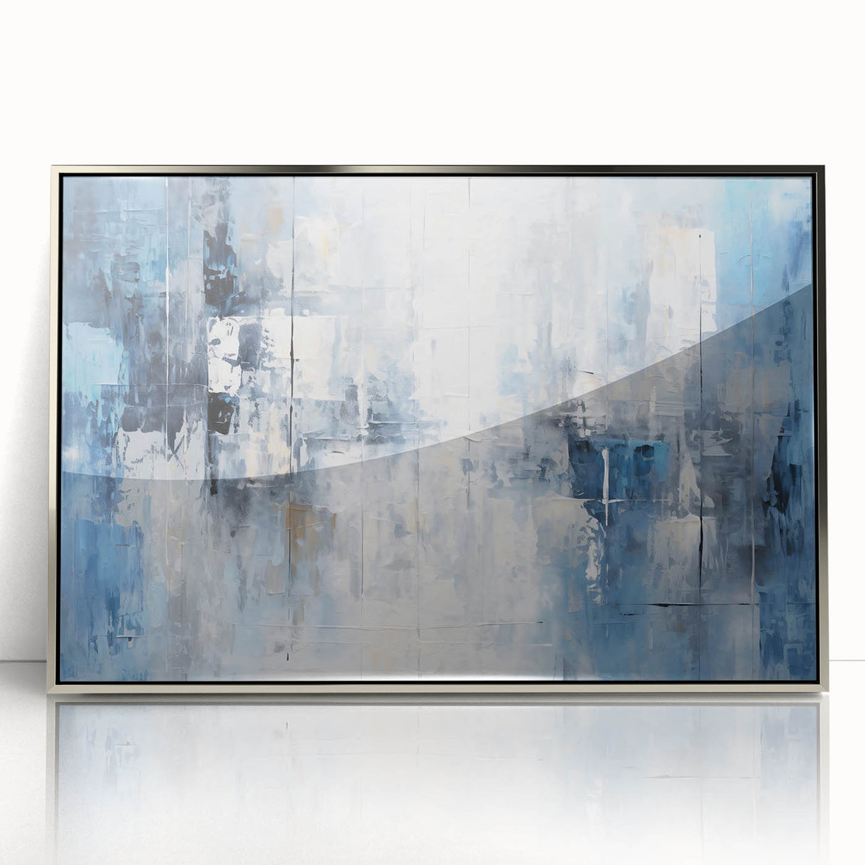 Framed abstract strokes wall art in silver acrylic, showcasing modern design with vibrant colors and fluid shapes, perfect for contemporary home decor.