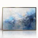Framed abstract wall art featuring dynamic gold and white strokes on a sleek acrylic surface, perfect for modern home decor. Ideal for enhancing living spaces.