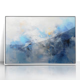 Framed abstract wall art featuring colorful strokes in shades of blue, pink, and gold on a white background, perfect for modern home decor and enhancing interior aesthetics.