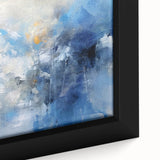 Abstract wall art featuring vibrant strokes in blue, orange, and yellow hues, elegantly framed and showcasing a textured surface, perfect for modern decor.