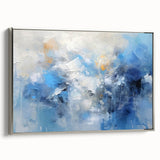 Framed abstract art featuring vibrant strokes in silver and gray tones, showcasing a modern design that adds elegance to any interior decor, side view.