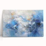 Abstract wall art featuring dynamic strokes in vibrant hues of blue, orange, and yellow, printed on stretched canvas, leaning against a neutral wall background. This design adds a modern, artistic flair to any room, perfect for home decor enthusiasts.