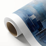 Rolled canvas artwork showcasing vibrant abstract strokes in blue, orange, and gold, ideal for modern home decor. Perfect for enhancing living spaces with artistic flair.