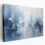 Abstract wall art featuring vibrant strokes in shades of blue, pink, and gold on a stretched canvas, showcasing a modern, artistic design ideal for contemporary home decor.