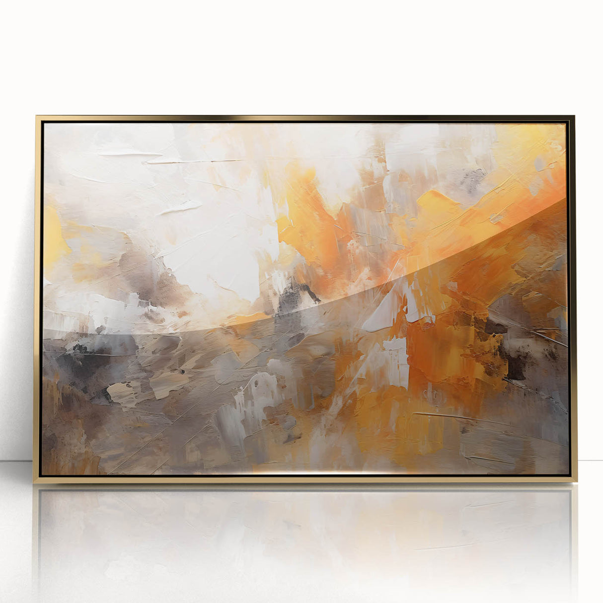 Framed abstract wall art featuring dynamic gold strokes on an acrylic surface, perfect for modern decor. Ideal for enhancing living spaces with elegance.