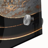 Large abstract wall art in vibrant orange and blue tones on acrylic glass, suitable for dining room ambiance.