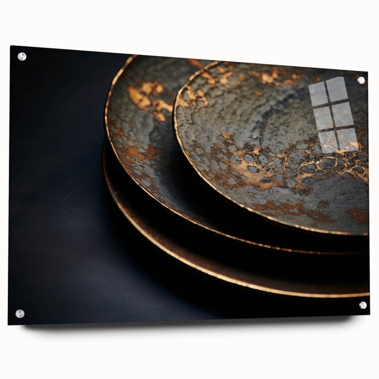Large abstract wall art in vibrant hues on acrylic glass, ideal for bedroom or dining room decor.