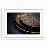 Abstract art print featuring swirling blue and grey patterns on a white framed canvas.