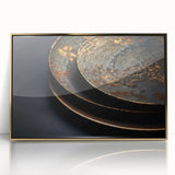 Large art print of a mid-century modernist design in gold and white tones on framed acrylic, suitable for nursery wall decor.