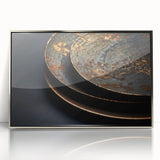 Mid-century modernist art deco poster featuring geometric shapes in silver and black, acrylic framed.