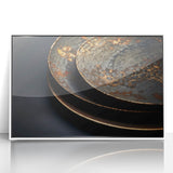 Art deco poster of kitchen utensils in monochrome tones, acrylic print framed in white.