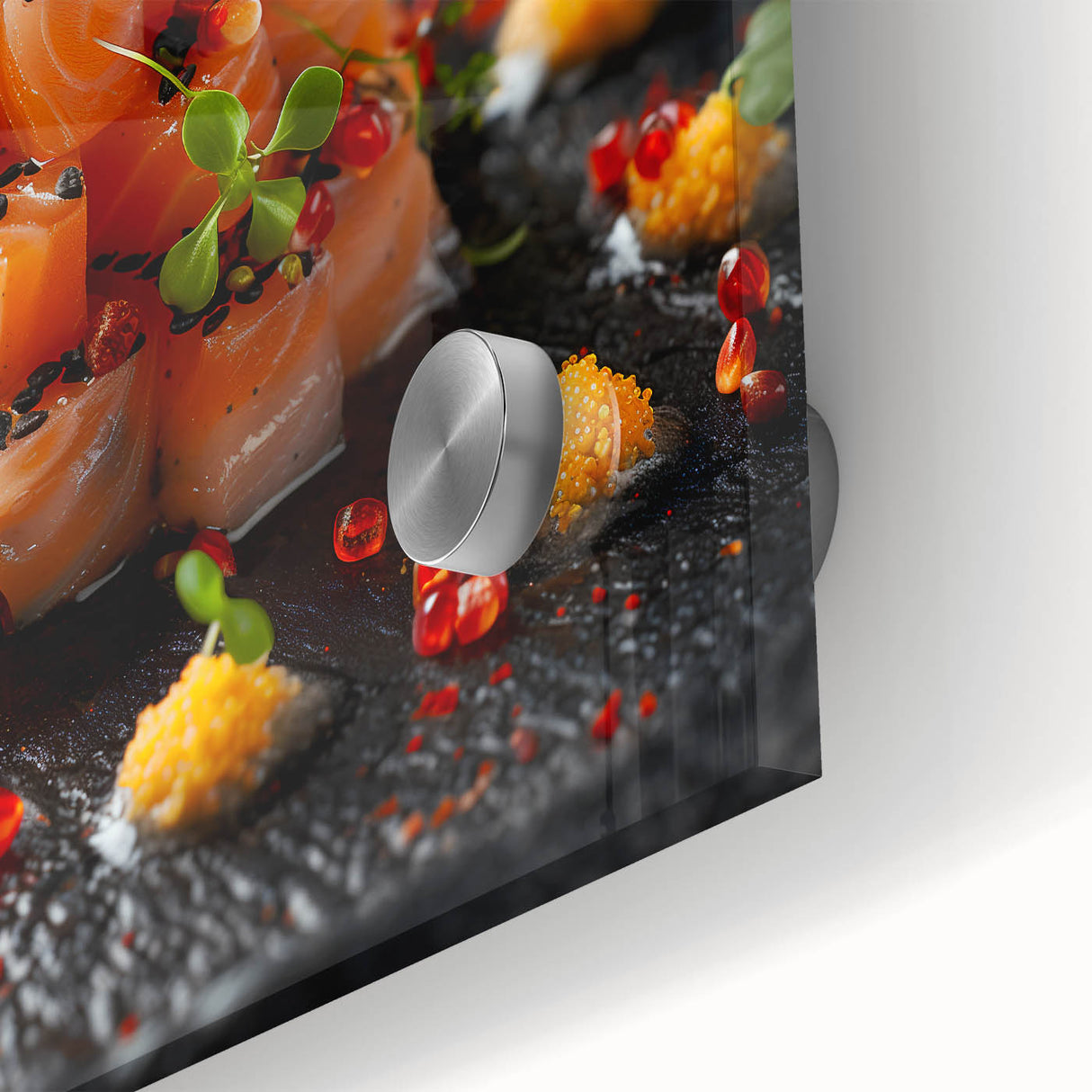 Large abstract wall art in vibrant colors on acrylic glass, depicting dynamic shapes, ideal for dining room ambiance.