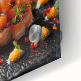 Large abstract wall art in vibrant colors on acrylic glass, depicting dynamic shapes, ideal for dining room ambiance.