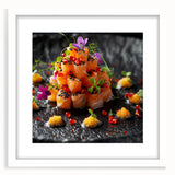 Abstract art print featuring swirling blue and grey tones on a white framed canvas, ideal for dining room decor.