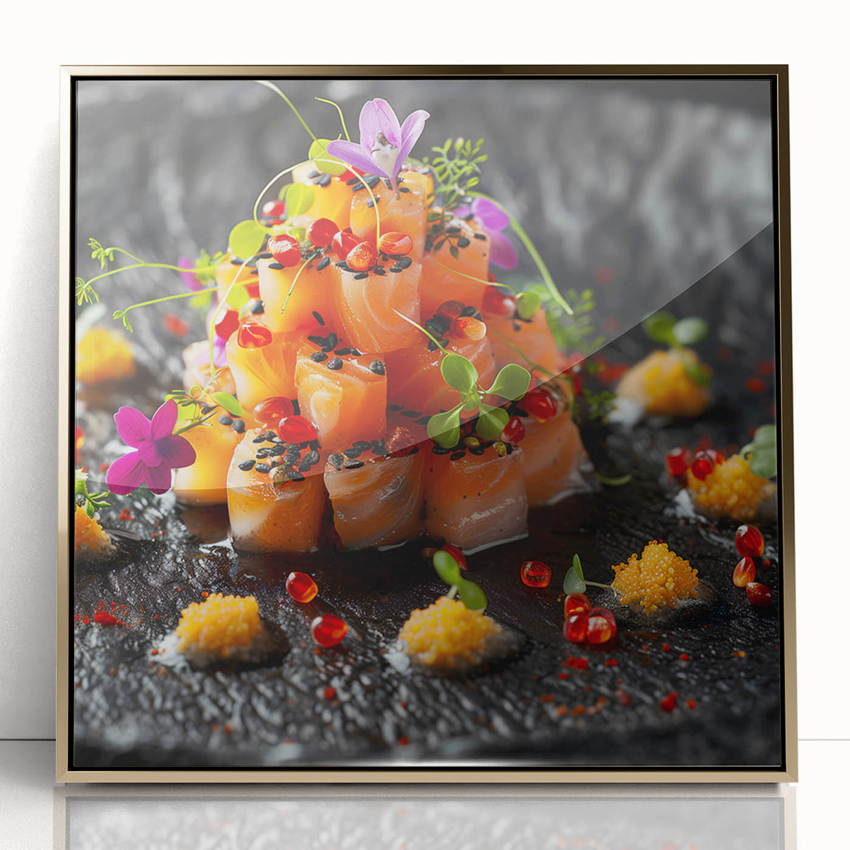 Large art print of mid-century modernist dishes in muted gold and white, framed acrylic, ideal for modern nursery decor.
