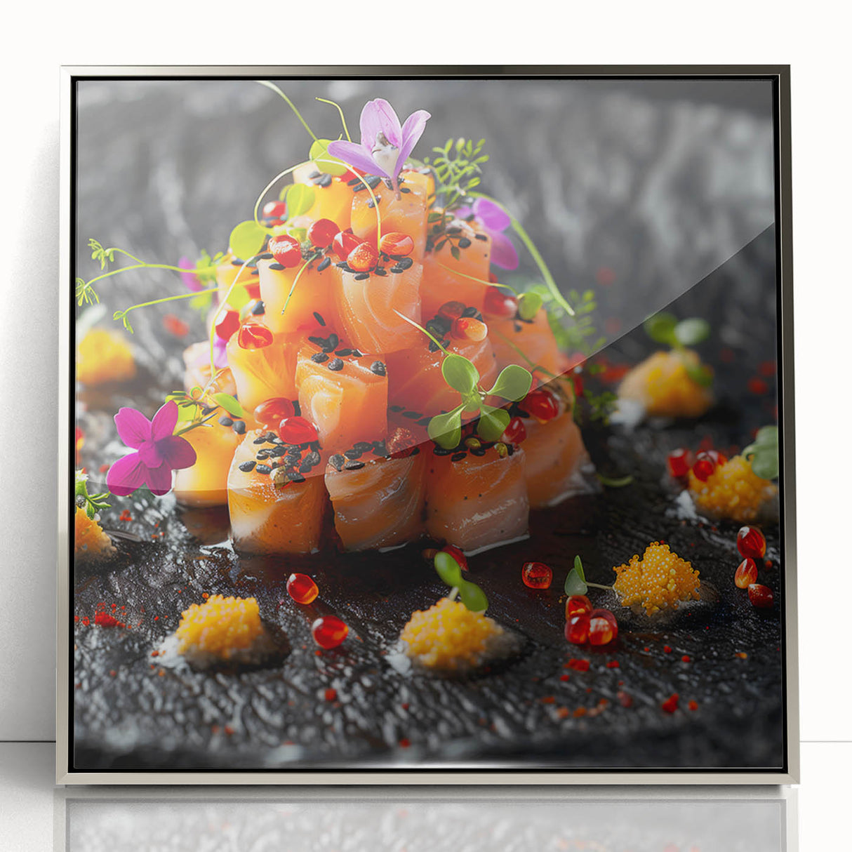 Mid-century modernist art featuring abstract geometric shapes in muted tones on a framed acrylic print.