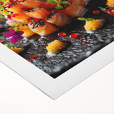 Art deco poster featuring stylized dishes in muted shades on rolled canvas, suitable for dining room wall art.