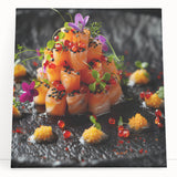 Black and white photo of stacked dishes on a large stretched canvas, ideal for kitchen wall art.