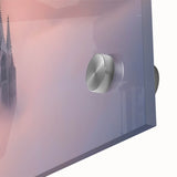 Close-up of an acrylic glass artwork depicting majestic castles set in lush landscapes, showcasing vibrant colors and intricate details, ideal for home decor.