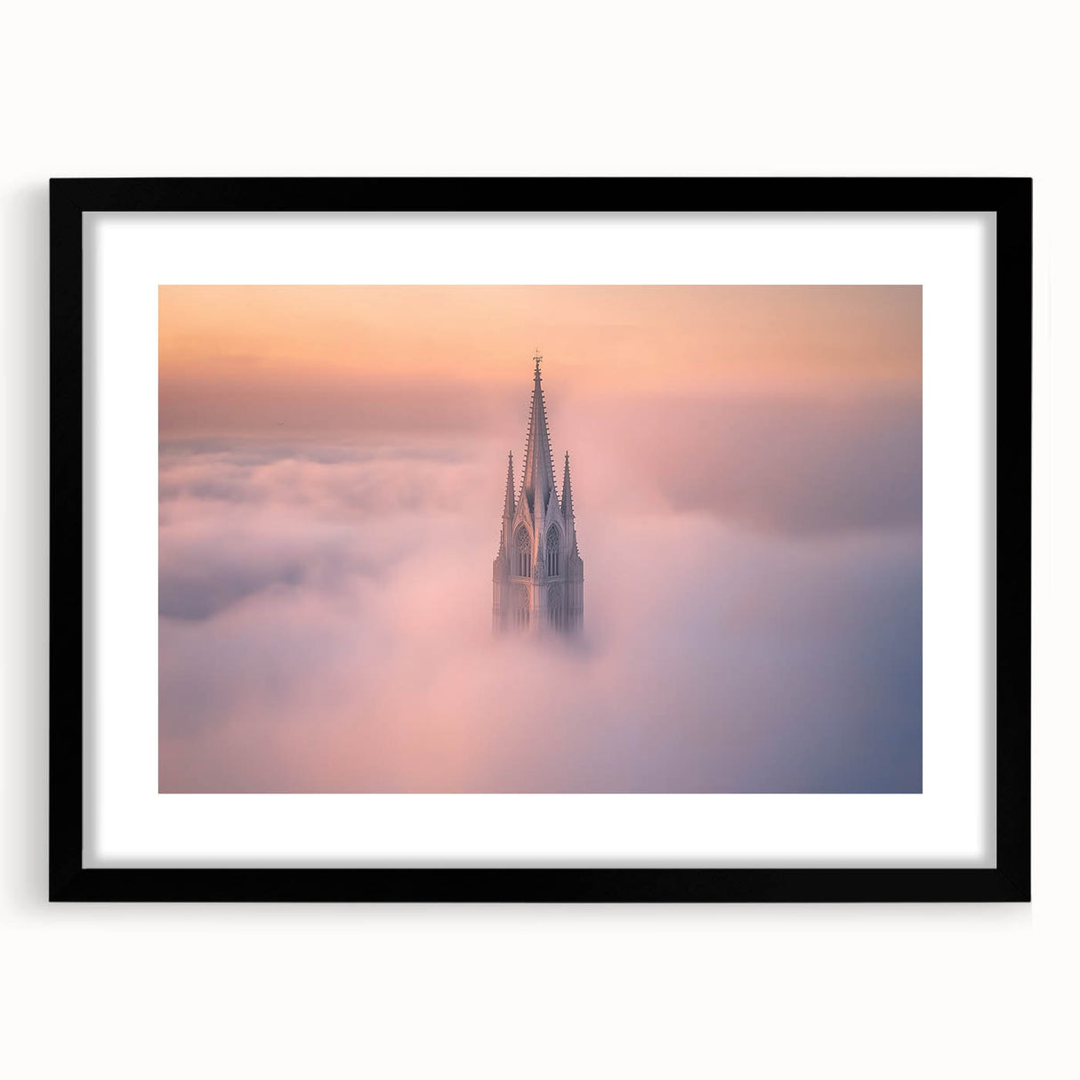 Black-framed landscape artwork featuring a majestic castle set against a serene backdrop, complete with a white mat for an elegant presentation. Ideal for home decor.
