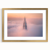 Framed landscape artwork depicting a majestic castle, featuring intricate details and a gold mat border, ideal for enhancing home decor.
