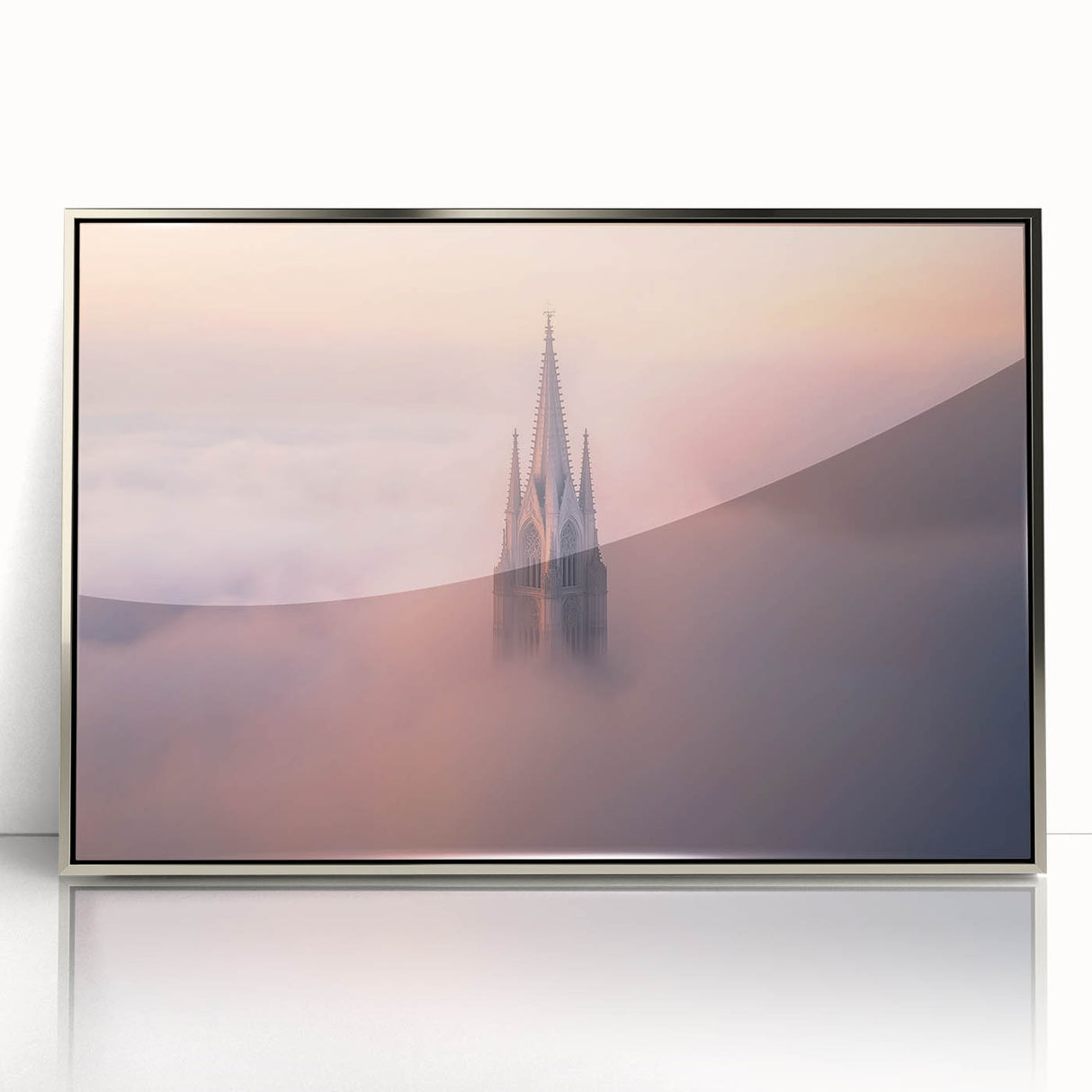 Framed acrylic artwork showcasing an intricate landscape featuring a majestic castle, elegantly displayed with a silver border, perfect for home decor.