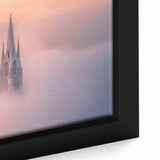 Close-up of a framed canvas artwork depicting an intricate landscape with a majestic castle, showcasing vibrant colors and fine details, ideal for home decor.