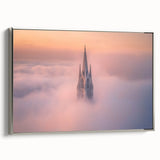Framed canvas artwork showcasing a stunning landscape of a castle, featuring intricate details and vibrant colors, presented in a sleek silver frame, ideal for home decor.