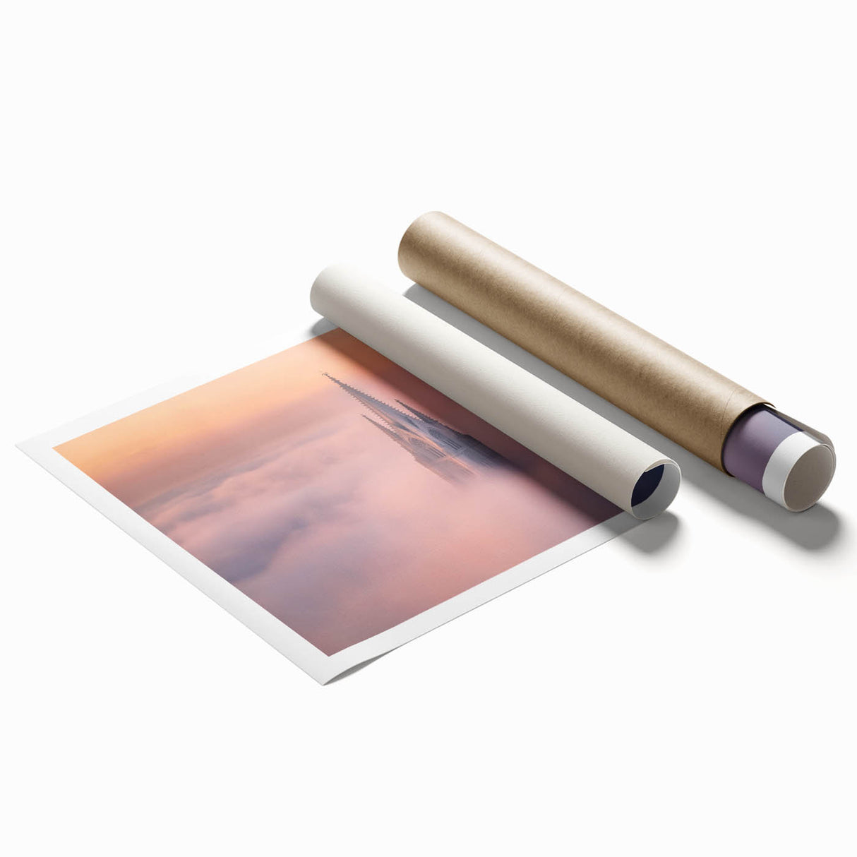 Rolled print showcasing a stunning landscape featuring a majestic castle surrounded by lush greenery, designed for art lovers seeking elegance in home decor.