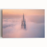 Stretched canvas featuring a detailed landscape of a majestic castle surrounded by lush greenery, showcasing vibrant colors and intricate architectural elements.