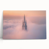 Stretched canvas artwork depicting a serene landscape with a majestic castle, rich greens and blues dominate the scene, perfect for home decor enthusiasts.