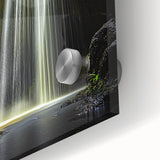 Close-up of an acrylic glass artwork depicting a serene cave landscape, showcasing vibrant colors and intricate details, ideal for modern home decor.