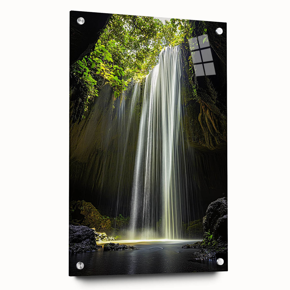 Acrylic artwork showcasing a side view of a vibrant landscape with cave formations, pinned for display. Perfect for modern decor enthusiasts.