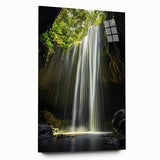 Acrylic glass artwork depicting a stunning landscape featuring intricate cave formations, showcasing vibrant colors and detailed textures in a side view without pins, perfect for modern decor.