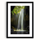 Framed landscape art featuring a serene cave scene, highlighted by a black mat and sleek frame. Ideal for home decor, this artwork adds a touch of nature's beauty to any space.