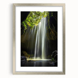 Framed landscape artwork depicting a serene cave scene, featuring a silver mat and ornate frame, perfect for enhancing home decor with a touch of nature-inspired elegance.