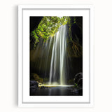 Framed landscape artwork depicting a serene cave scene, featuring a white mat and sleek black frame, ideal for enhancing home decor with natural beauty.