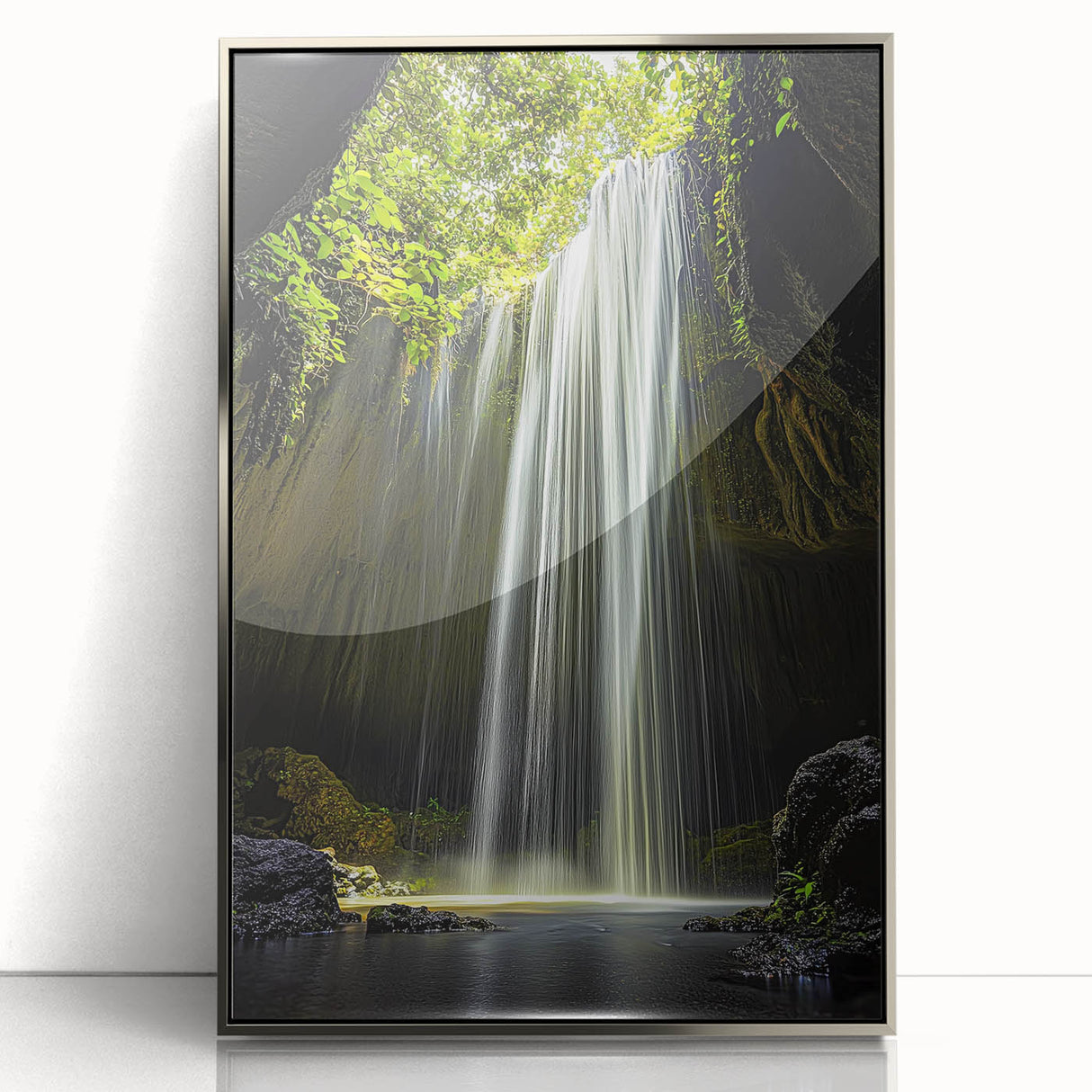 Framed acrylic artwork showcasing a stunning cave landscape, featuring vibrant colors and intricate details. The silver frame enhances the visual appeal, perfect for home decor.