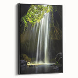 Framed canvas artwork showcasing a stunning landscape design with intricate cave details, presented in a sleek black frame, ideal for modern home decor.