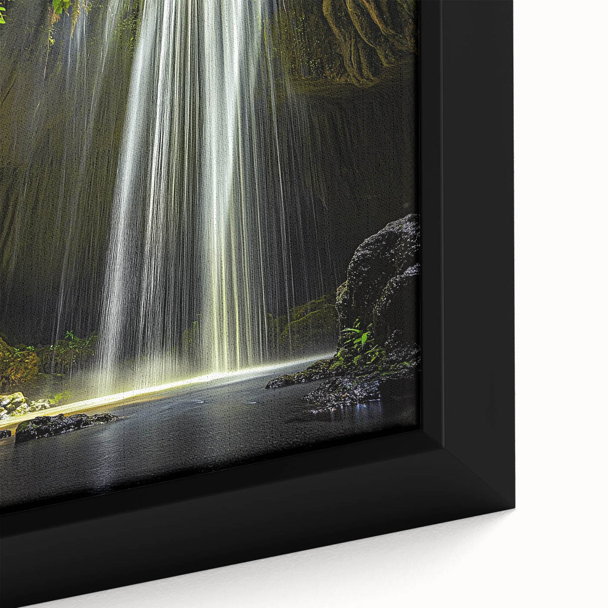 Close-up view of a framed canvas artwork depicting abstract landscape and cave designs, showcasing vibrant colors and intricate details, perfect for modern home decor.