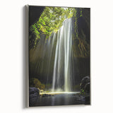 Framed canvas artwork showcasing a serene landscape with caves, featuring a silver side profile. Ideal for enhancing modern home decor with natural elements.