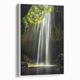Framed canvas artwork showcasing a serene landscape scene with caves, set against a white background, emphasizing natural beauty and tranquility. Ideal for home decor.
