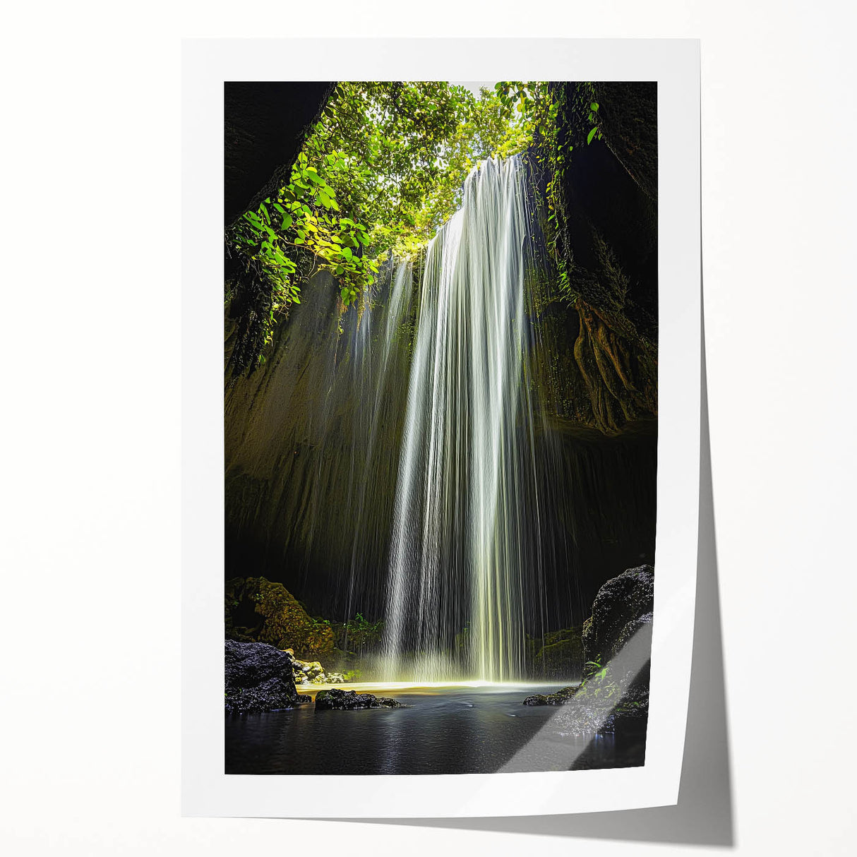 Rolled canvas print showcasing a vibrant cave landscape design with intricate details and earthy colors, elegantly packaged in a protective cardboard tube for easy display.