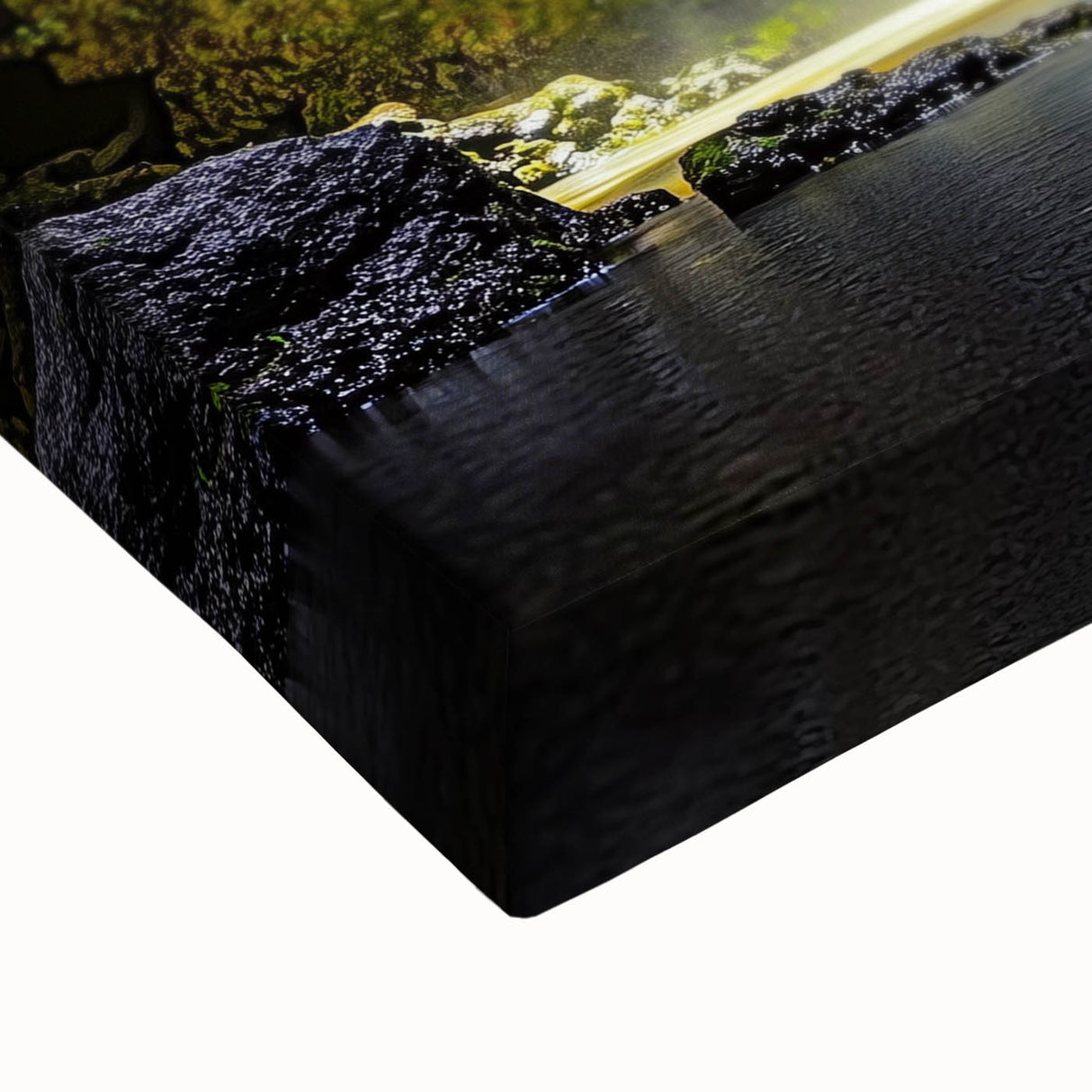 Close-up view of a vibrant stretched canvas showcasing an abstract landscape featuring caves and natural elements, perfect for enhancing modern decor in homes or offices.